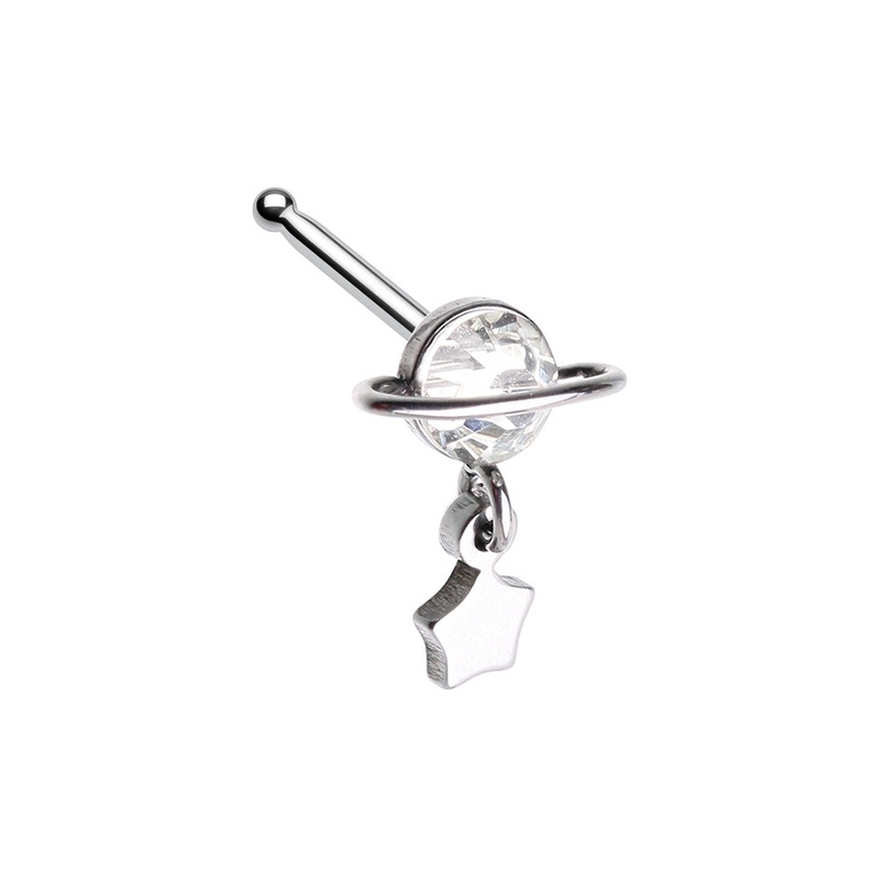 CZ Crystal Planet with Dangling Star Nose Bone Stud – 316L Stainless Steel