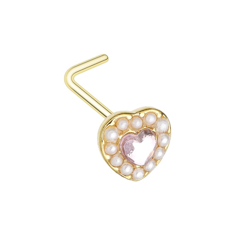Faux Pearl Outlined CZ Crystal Heart L-Bend Nose Stud – Gold Plated 316L Stainless Steel