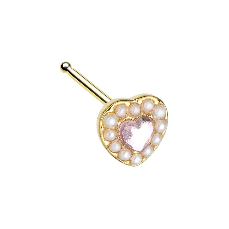 Faux Pearl Outlined CZ Crystal Heart Nose Bone Stud – Gold Plated 316L Stainless Steel