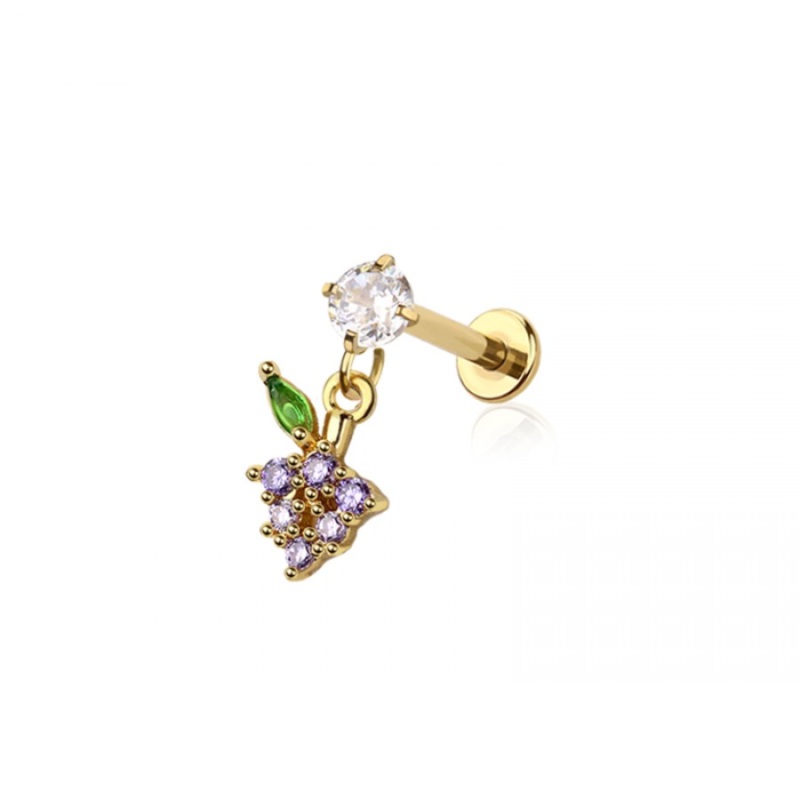 Internally Threaded Dangling CZ Crystal Grapes Flat Back Stud – 316L Stainless Steel Gold