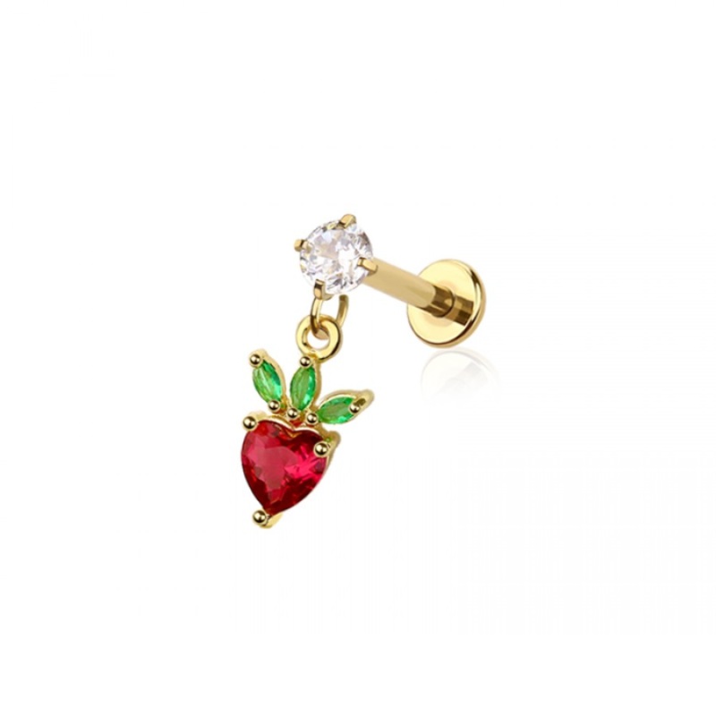 Internally Threaded Dangling CZ Crystal Strawberry Flat Back Stud – 316L Stainless Steel Gold