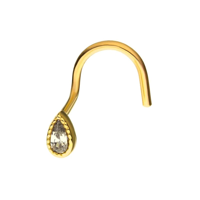 Pear Shaped Clear CZ Nose Screw – 14kt Gold