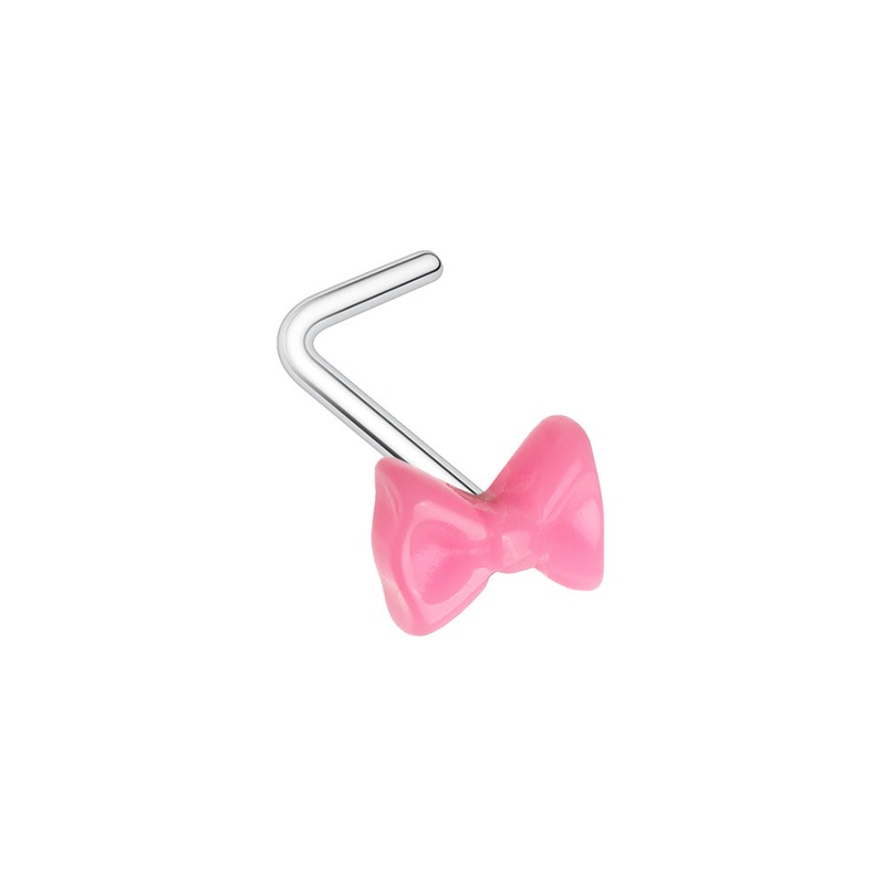 Pink Bow L-Bend Nose Stud – 316L Stainless Steel