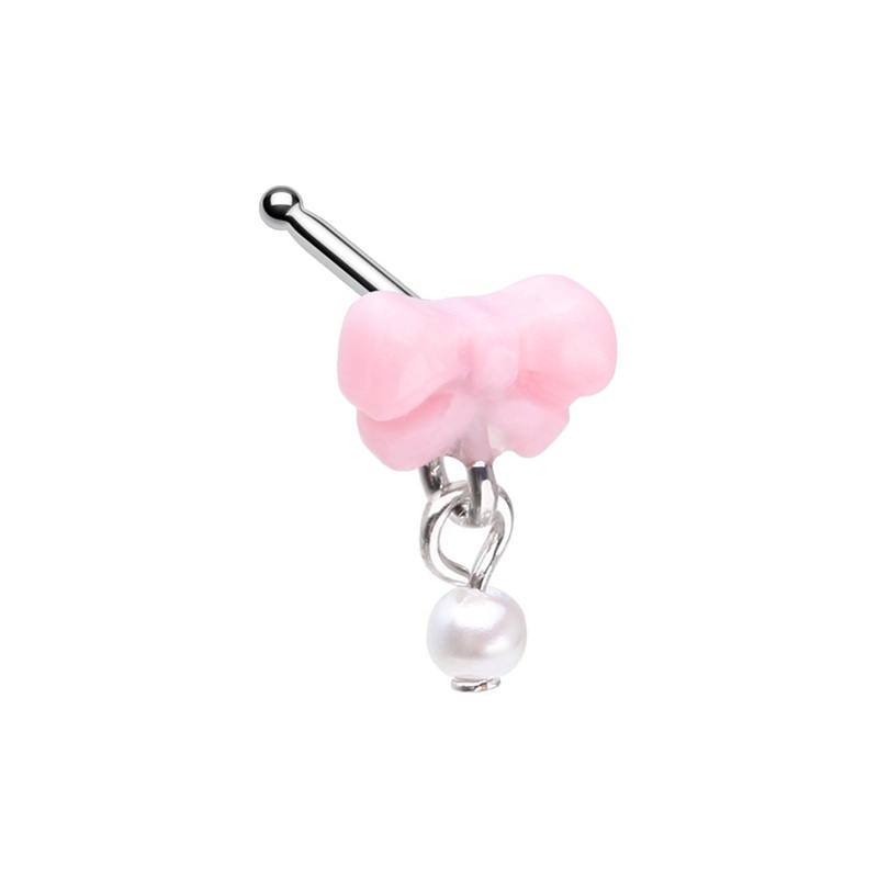 Pink Bow with Dangling Faux Pearl Nose Bone Stud – 316L Stainless Steel 0.8mm (20GA)