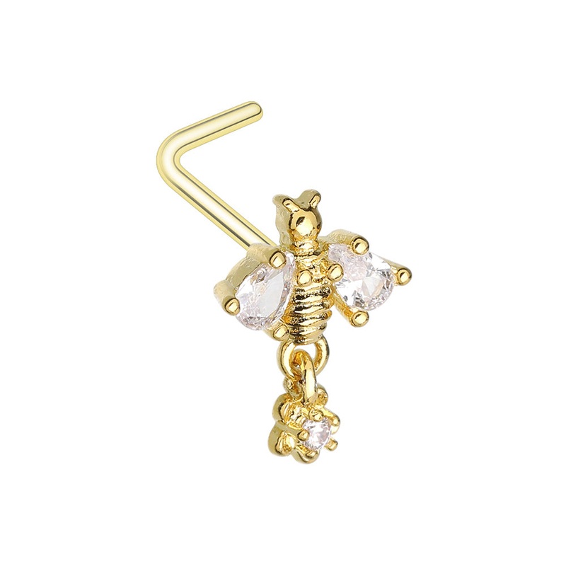 Queen Bee with Dangling Gem L-Bend Nose Stud – Gold Plated 316L Stainless Steel