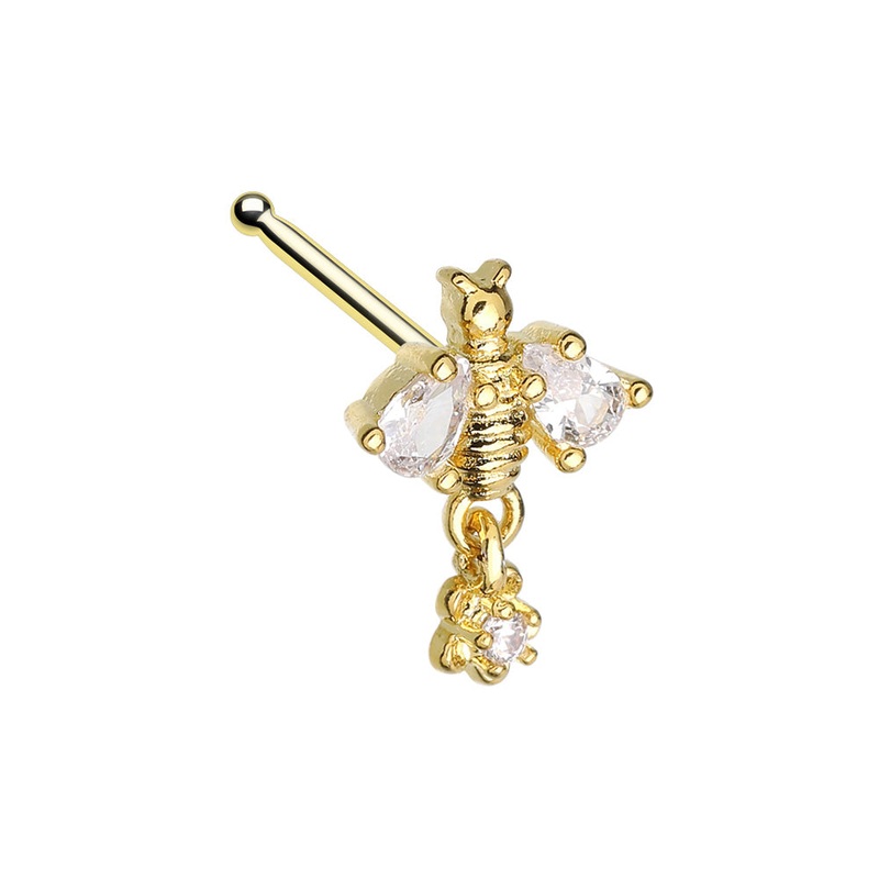 Queen Bee with Dangling Gem Nose Bone Stud – Gold Plated 316L Stainless Steel