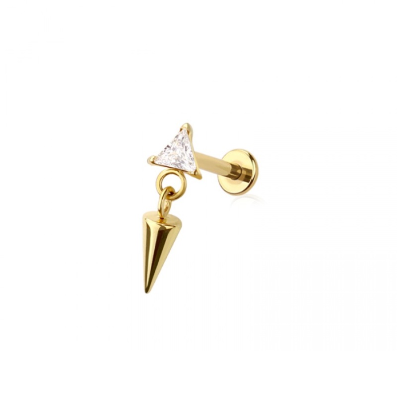 Threadless Push In CZ Crystal Triangle with Dangling Spike Flat Back Stud – ASTM F-136 Implant Grade Titanium Gold