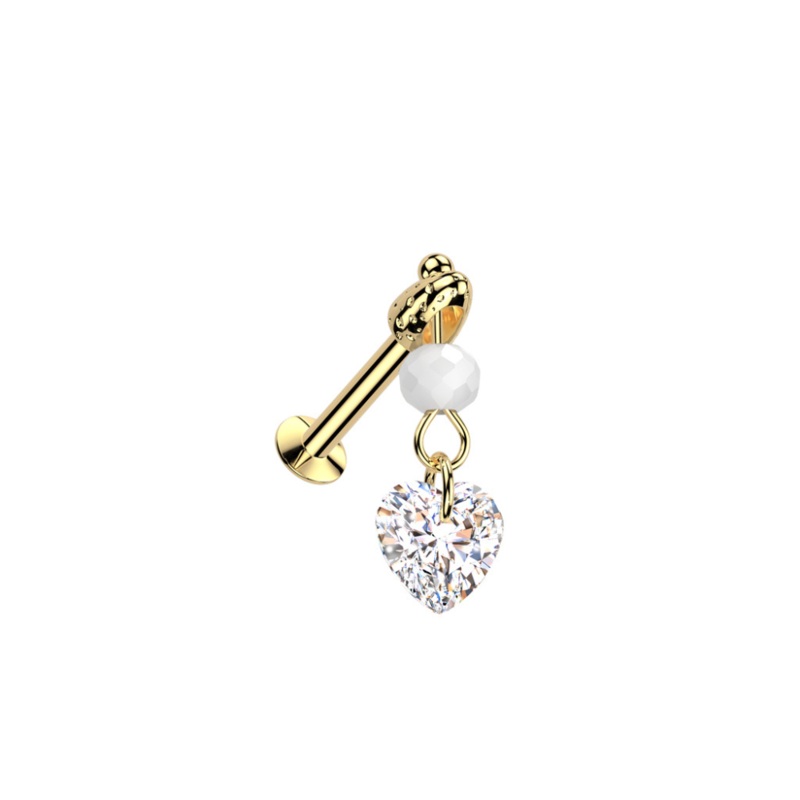 Threadless Push In Dangling Faux Pearl and Heart Shaped Crystal Flat Back Stud – 316L Stainless Steel Gold