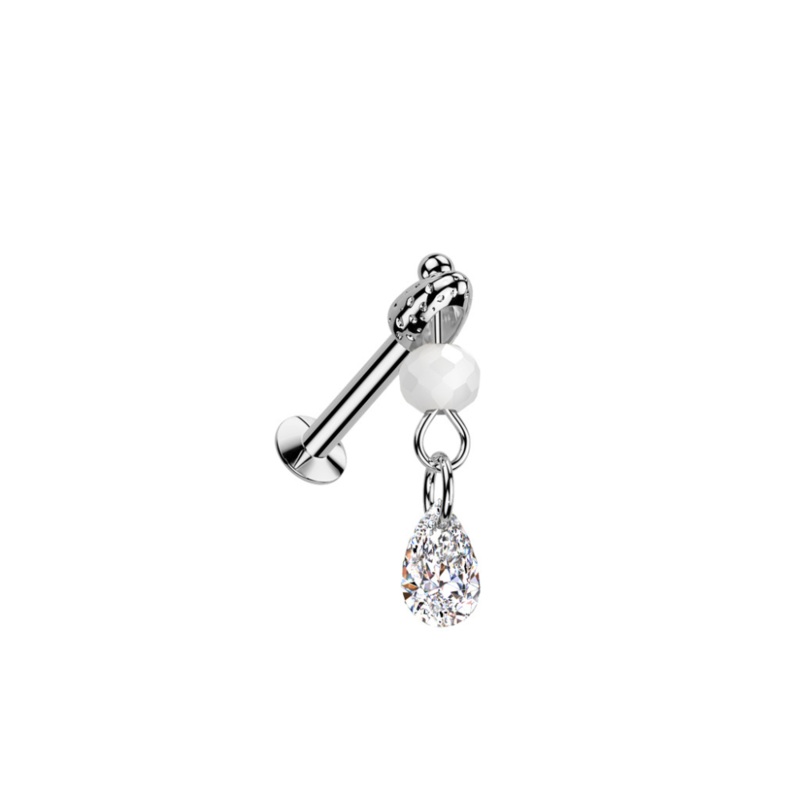 Threadless Push In Dangling Faux Pearl and Teardrop Shaped Crystal Flat Back Stud – 316L Stainless Steel Gold