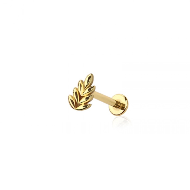 Threadless Push In Leaf Flat Back Stud – 316L Stainless Steel Gold