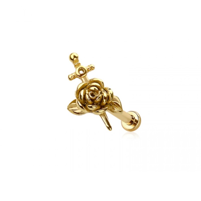 Threadless Push In Rose with Dagger Flat Back Stud – 316L Stainless Steel Gold