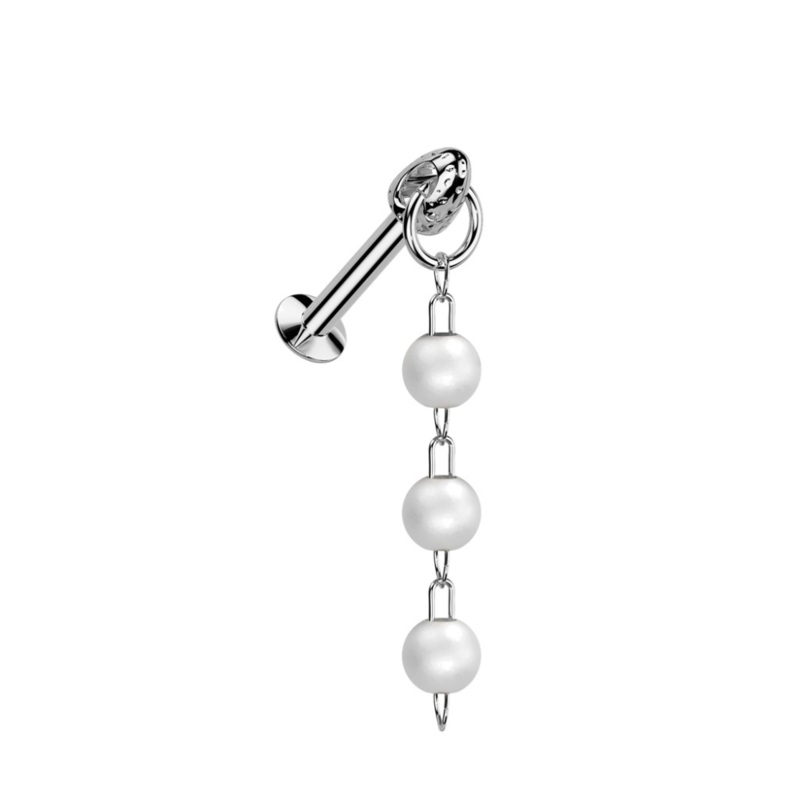 Threadless Push In Triple Dangling Faux Pearl Flat Back Stud – 316L Stainless Steel Gold