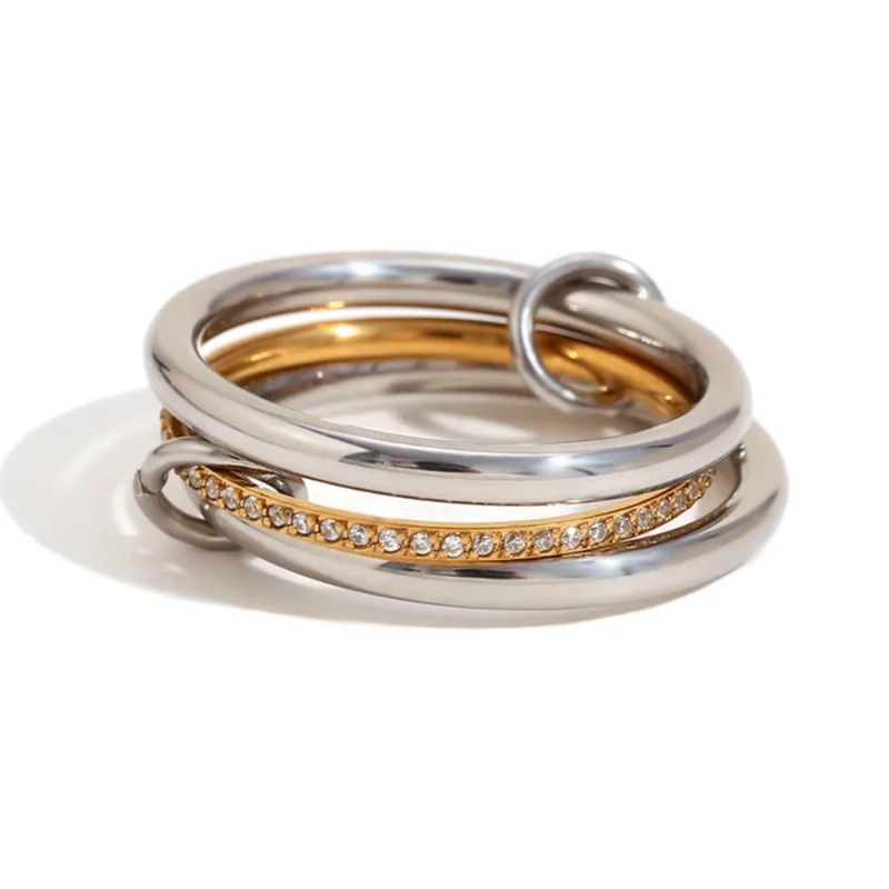 Zircon Crystal Lined Center Two Tone Triple Layer Connected Rings – 18k Gold Plated Stainless Steel 6
