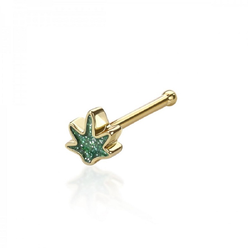 Glitter Pot Leaf Nose Bone Stud – 316L Stainless Steel Gold