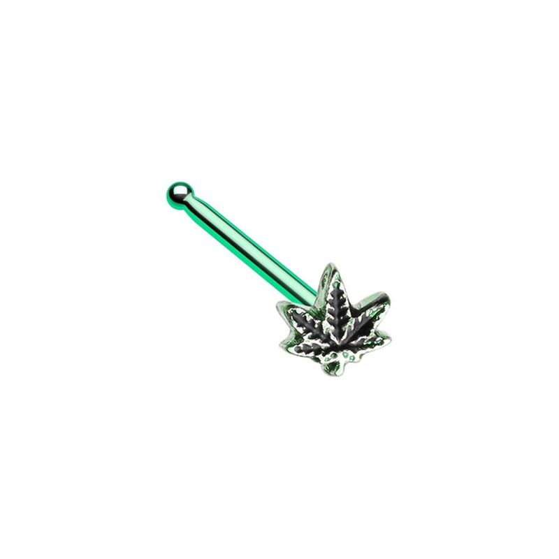 Pot Leaf Nose Bone Stud – Stainless Steel Green
