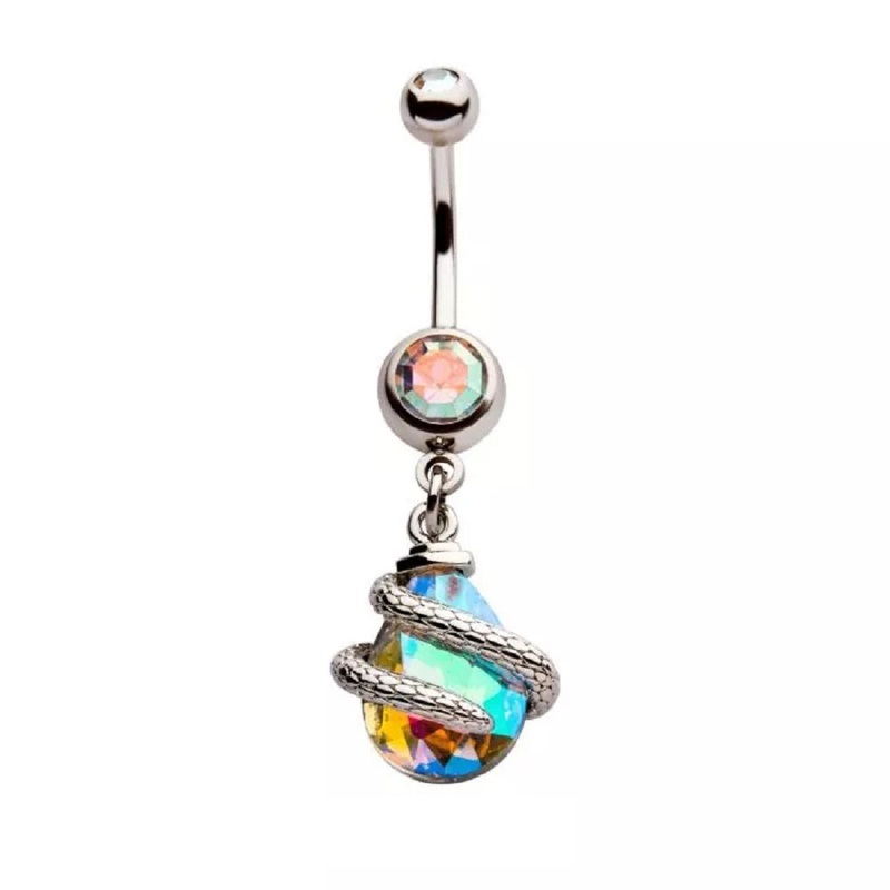 Snake Wrapped AB Teardrop Gem Dangle Belly Button Ring – 316L Stainless Steel