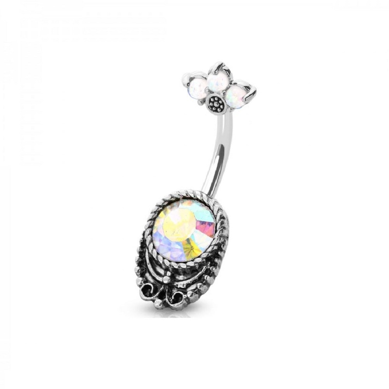 Synthetic Opal Flower Petal Top Belly Button Ring – Stainless Steel