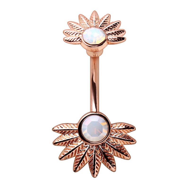 Synthetic Opal Palm Leaves Belly Button Ring – Rose Gold Plated Stainless Steel