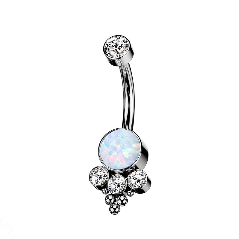 Synthetic Opal with Ball Clusters Internally Threaded Belly Button Ring – Implant Grade Titanium Blue
