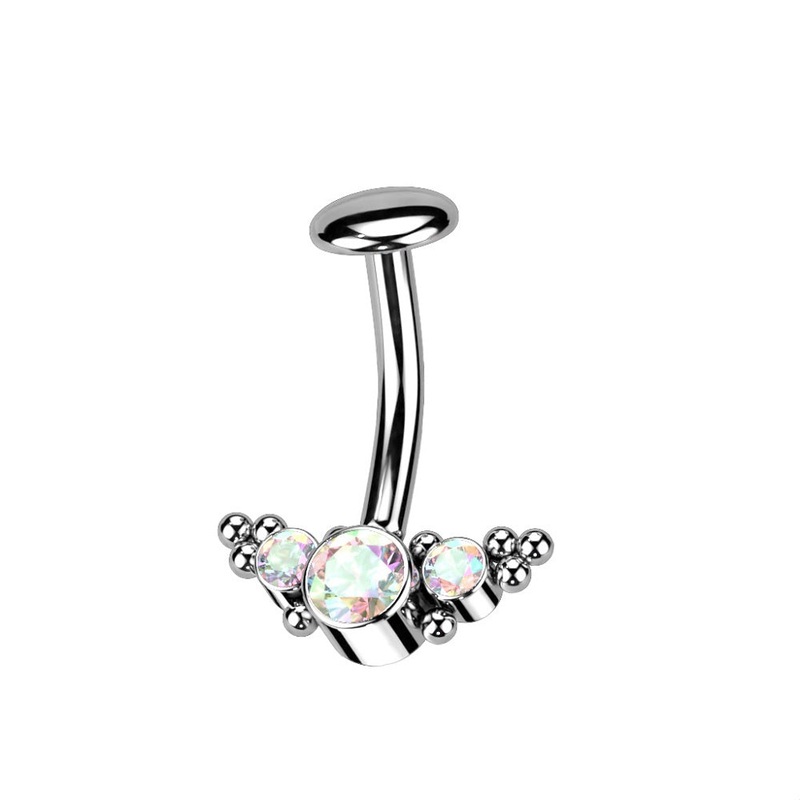 Threadless 5mm Convex Base CZ Crystal and Ball Clustered Fan Floating Belly Button Ring – F136 Implant Grade Titanium Aurora Borealis