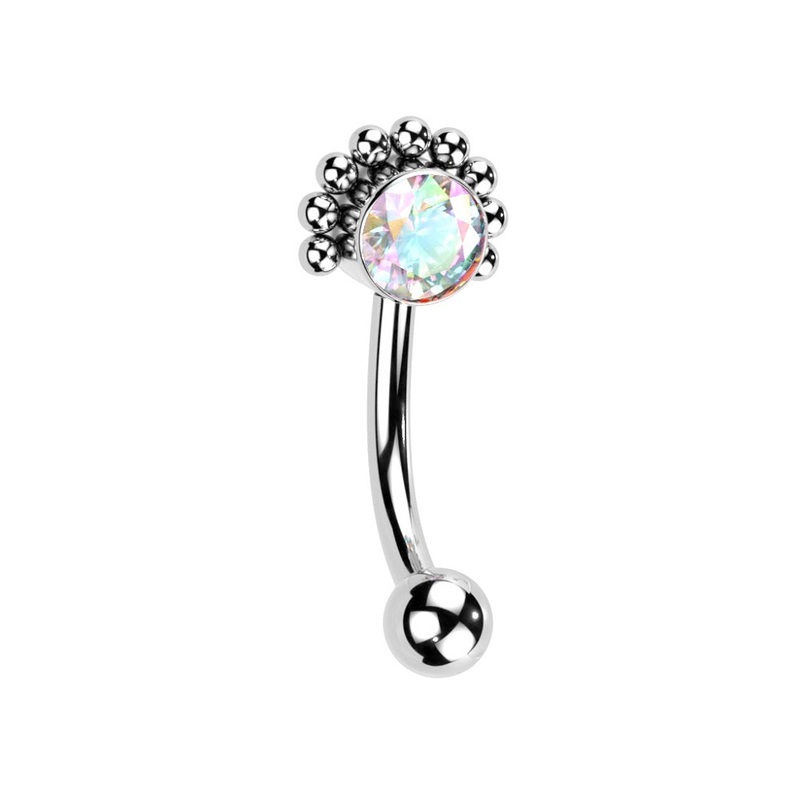Threadless CZ Crystal with Ball Edge Eyebrow Curved Barbell – F136 Implant Grade Titanium Aurora Borealis