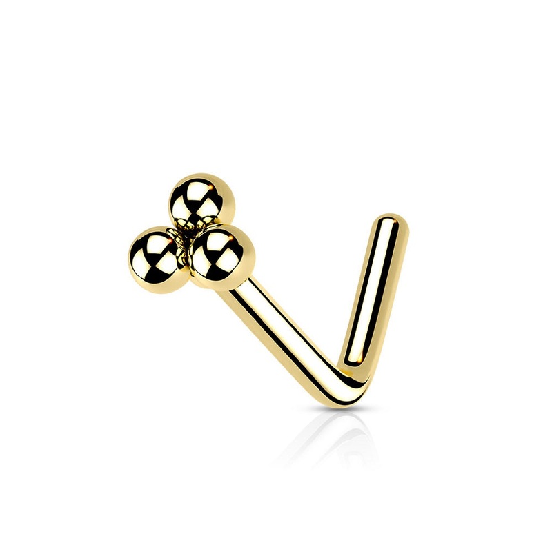 Triple Ball Cluster Top L-Bend Nose Stud – Stainless Steel Gold