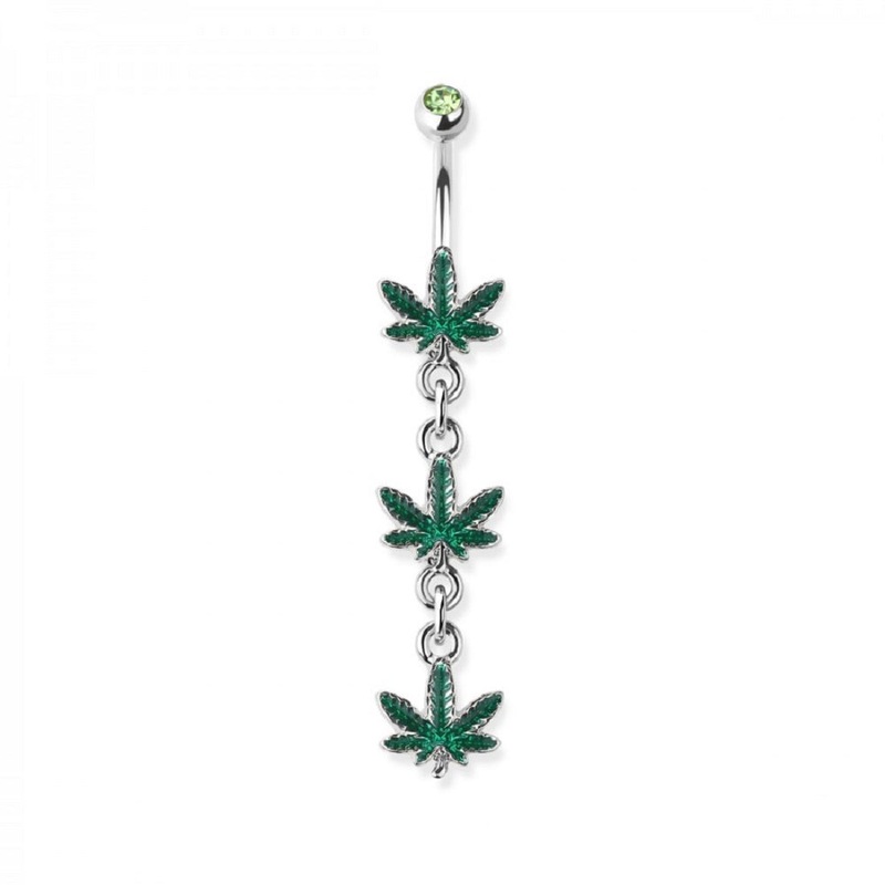 Triple Marijuana Leaves Dangling Belly Button Ring – 316L Stainless Steel