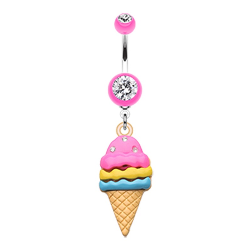 Triple Scoop CZ Crystal Ice Cream Cone Dangle Belly Button Ring – Stainless Steel Pink