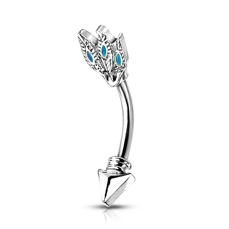 Turquoise Feather Tribal Arrow Curved Eyebrow Barbell Ring – 316L Stainless Steel Gold