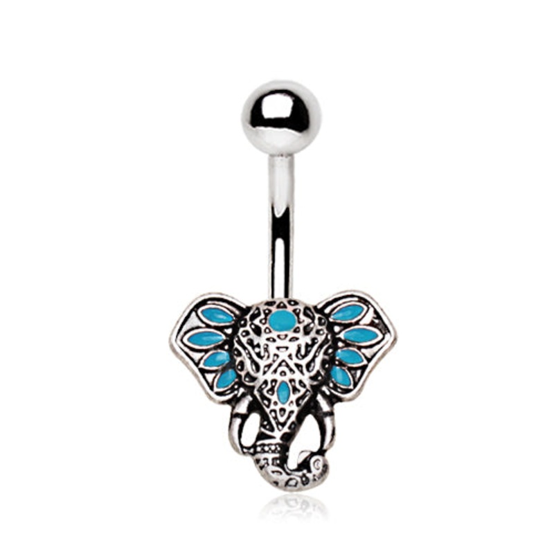 Turquoise Tribal Elephant Belly Button Ring – 316L Stainless Steel