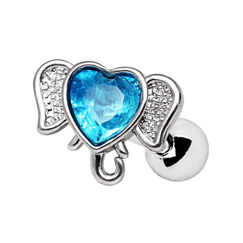 Aqua Heart CZ Crystal Elephant Cartilage Stud Earring – Stainless Steel