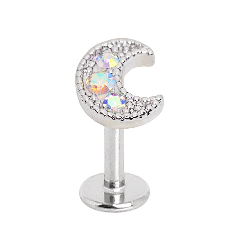 Aurora Borealis Crystal Crescent Moon Flate Back Stud – Stainless Steel