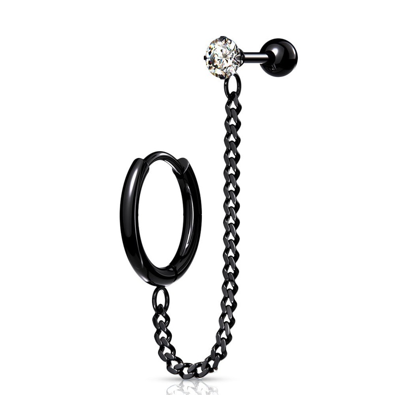 Clicker Hoop Earring and Chain Linked CZ Crystal Cartilage Helix Ear Lobe Barbell Stud – Stainless Steel Black