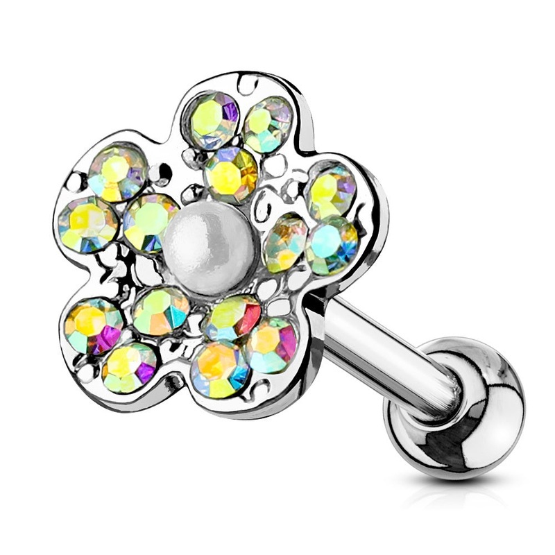 Crystal Paved Flower with Synthetic Pearl Center Cartilage Helix Tragus Conch Barbell Stud – 316L Stainless Steel Aurora Borealis