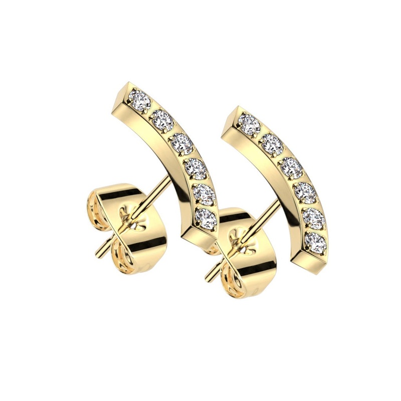 CZ Crystal Lined Curve Stud Earrings – 316L Stainless Steel Gold