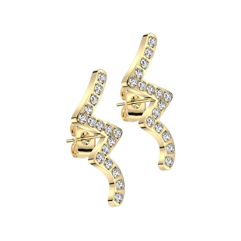 CZ Crystal Lined Wave Stud Earrings – 316L Stainless Steel Gold