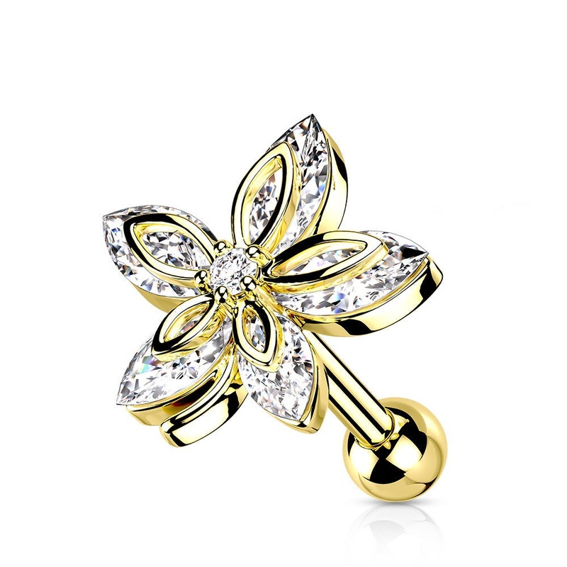 CZ Crystal Marquise Flower Top Barbell – 316L Stainless Steel Gold