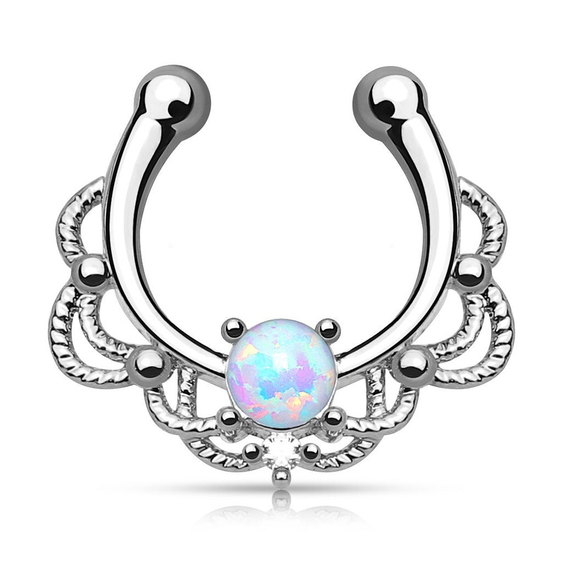 Lacey Single Synthetic Opal Clip On Fake Non No Piercing Septum Hanger Ring – Brass White