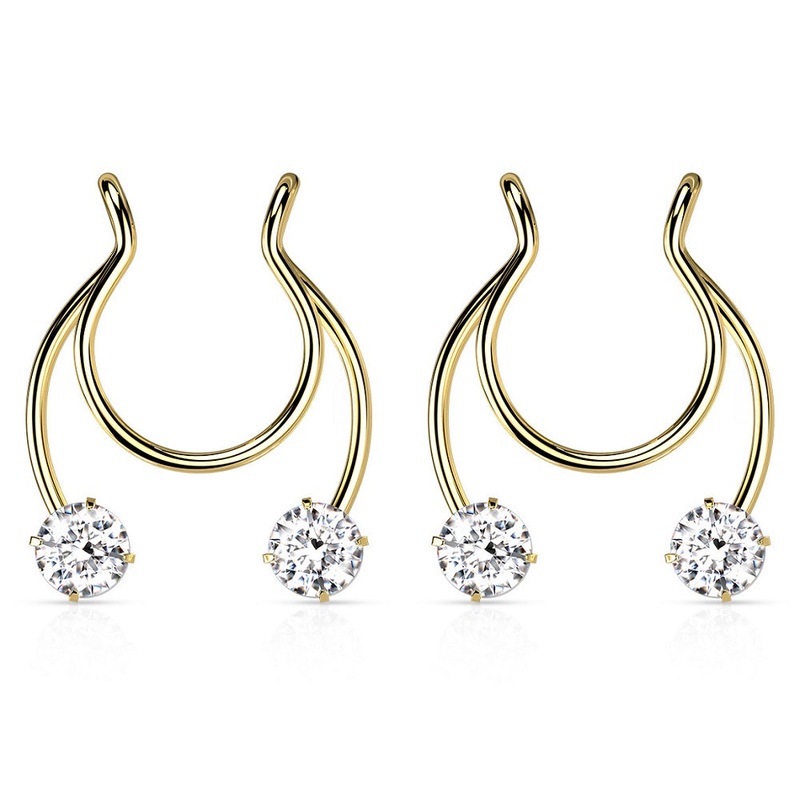 Prong Set CZ Crystal Horseshoe Clip On Non-Pierce Fake Septum Nipple Rings – Stainless Steel – Pair Gold