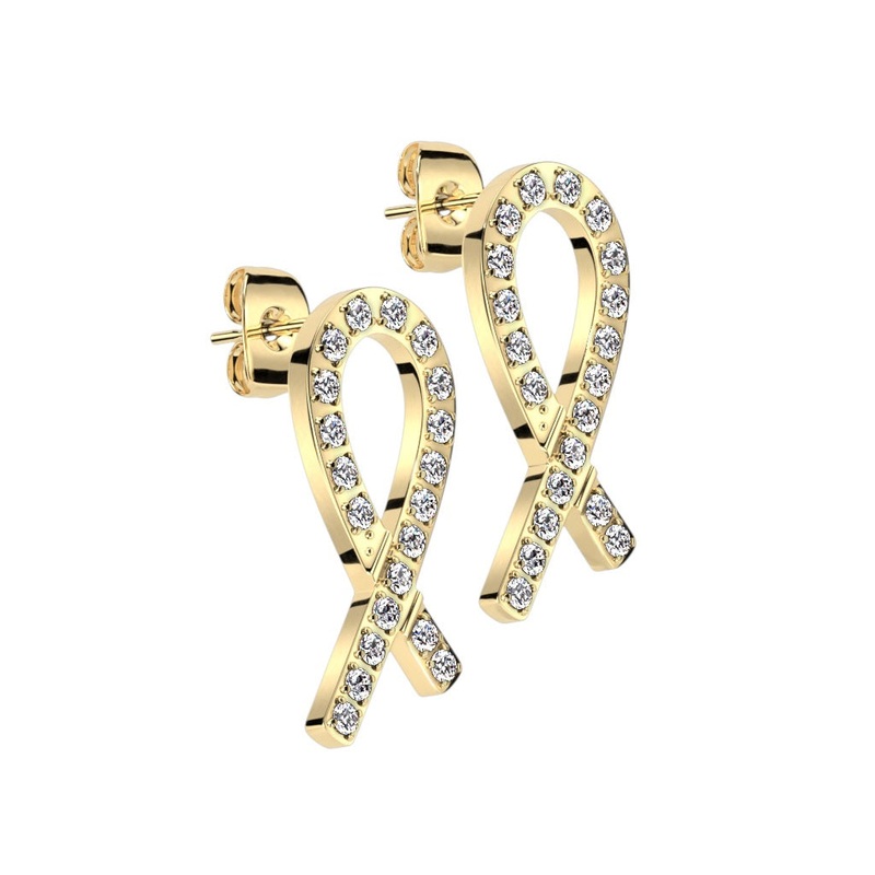 CZ Crystal Ribbon Stud Earrings – 316L Stainless Steel Gold