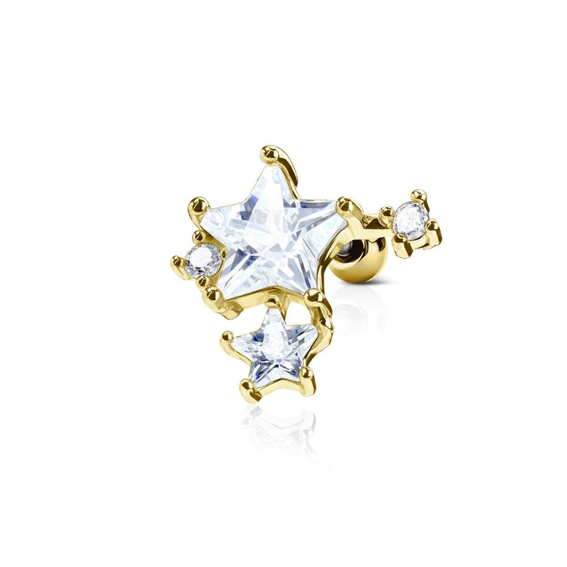 CZ Stars Cluster Cartilage Helix Tragus Conch Barbell Stud – 316L Stainless Steel Gold