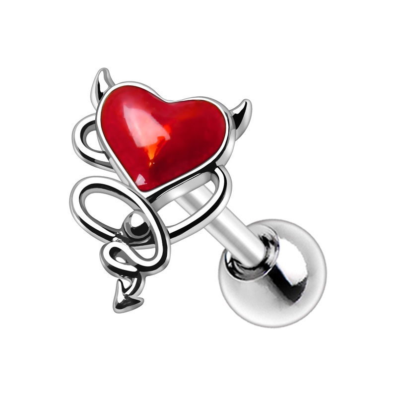 Devil with a Heart Ear Cartilage Tragus Barbell Stud – 316L Stainless Steel