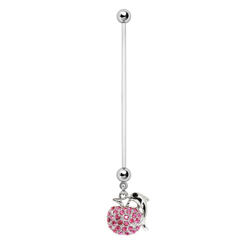 Dolphin Leaping Over Gemmed CZ Ball Dangling BioFlex Pregnancy Belly Button Ring – Stainless Steel