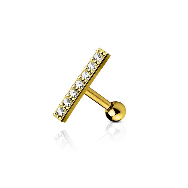 Elegant CZ Paved Bar Cartilage Helix Tragus Conch Barbell Stud – 316L Stainless Steel Gold