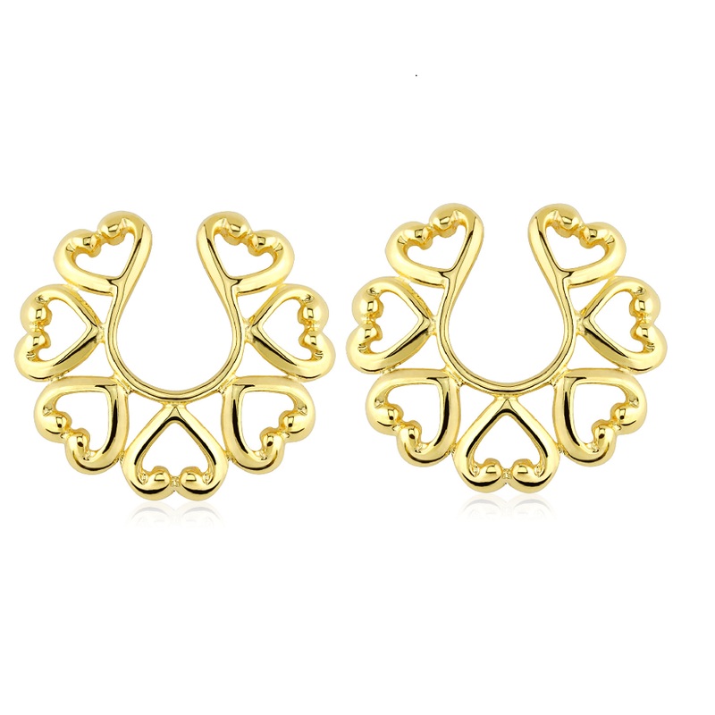 Gold Tone Vintage Hearts Clip on Non-Pierce No Pierce Fake Nipple Ring – Brass – Pair