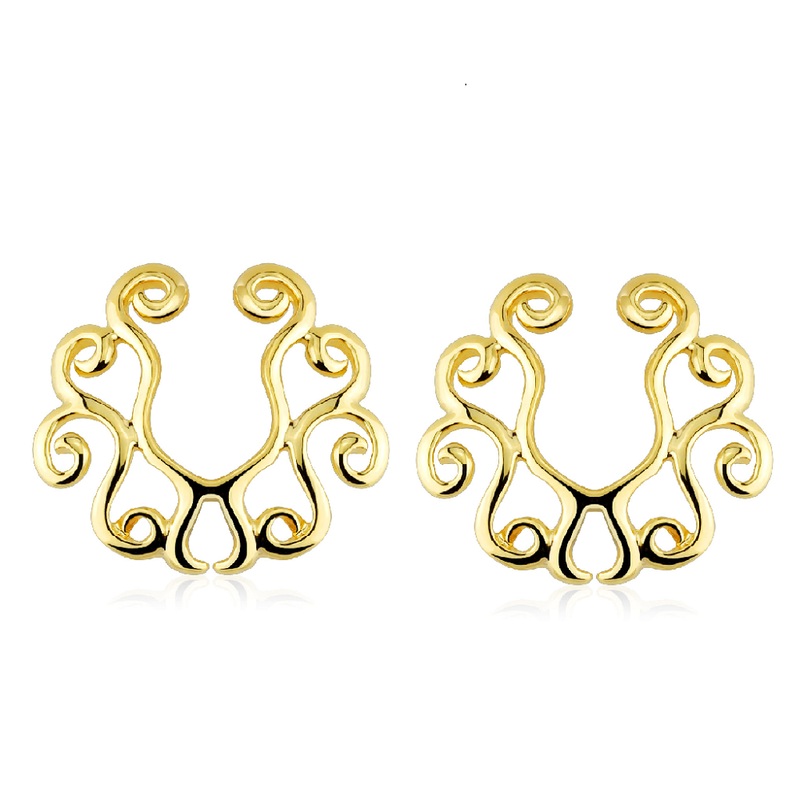Gold Tone Vintage Tribal Floral Clip on Non-Pierce No Pierce Fake Nipple Ring – Brass – Pair