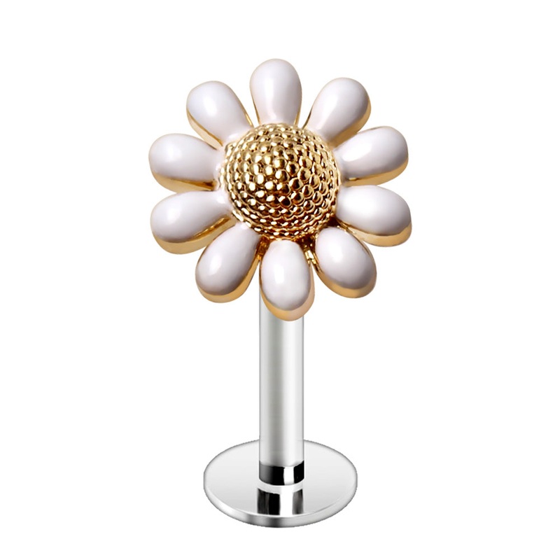 Golden Daisy with White Petals Flat Back Labret Stud – Stainless Steel