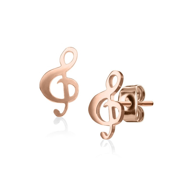 Hand Polished Treble Clef Music Stud Earrings – 316L Stainless Steel Rose Gold