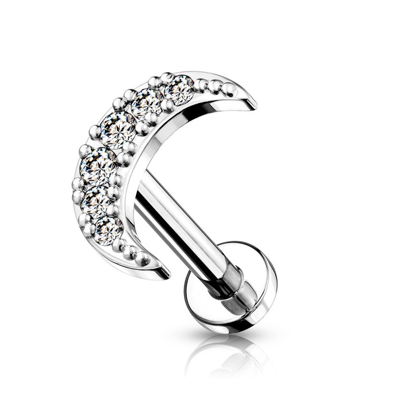 Internally Threaded Crystal Paved Crescent Moon Top Flat Back Stud – 316L Stainless Steel