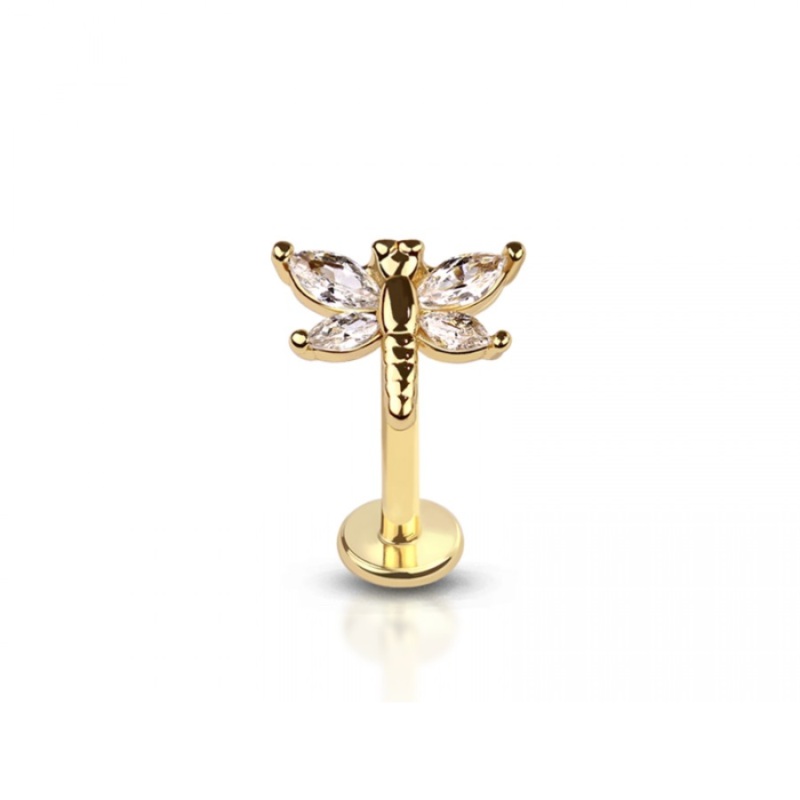 Internally Threaded CZ Crystal Dragonfly Top Flat Back Stud – 316L Stainless Steel Gold